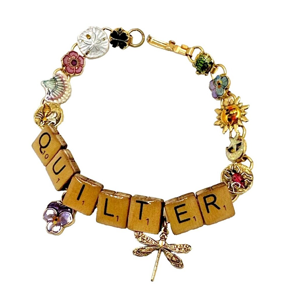 Vintage QUILTER Charm Bracelet Enamel Link Tile Letters 8" Large Sewing Hobbyist